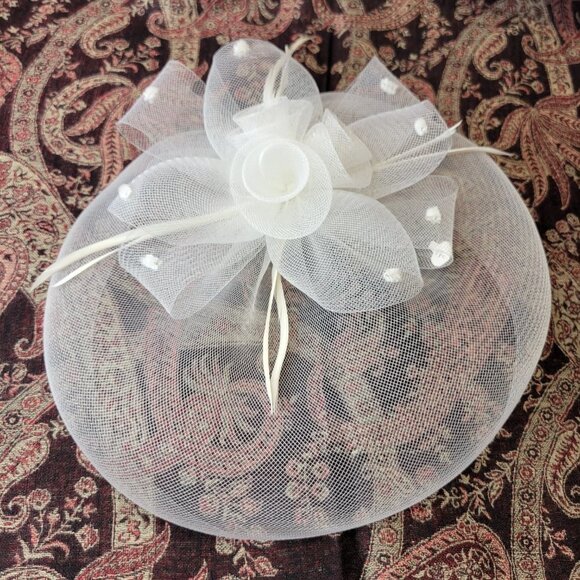White Saucer Fascinator Mesh with White Rosette Saucer Hair Accessory - Picture 8 of 14